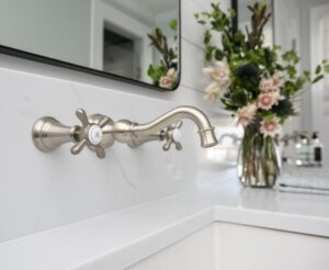 Wall mounted faucets not only look great, but help keep bathroom counters clean.